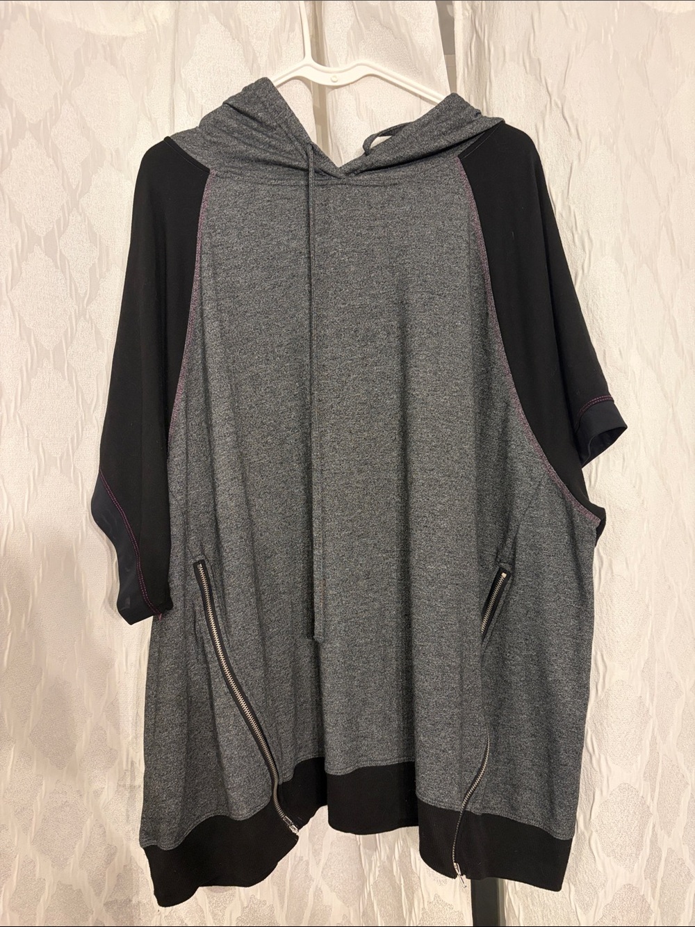 torrid Gray & Black Hooded Raglan Sweatshirt with Pink Stitching